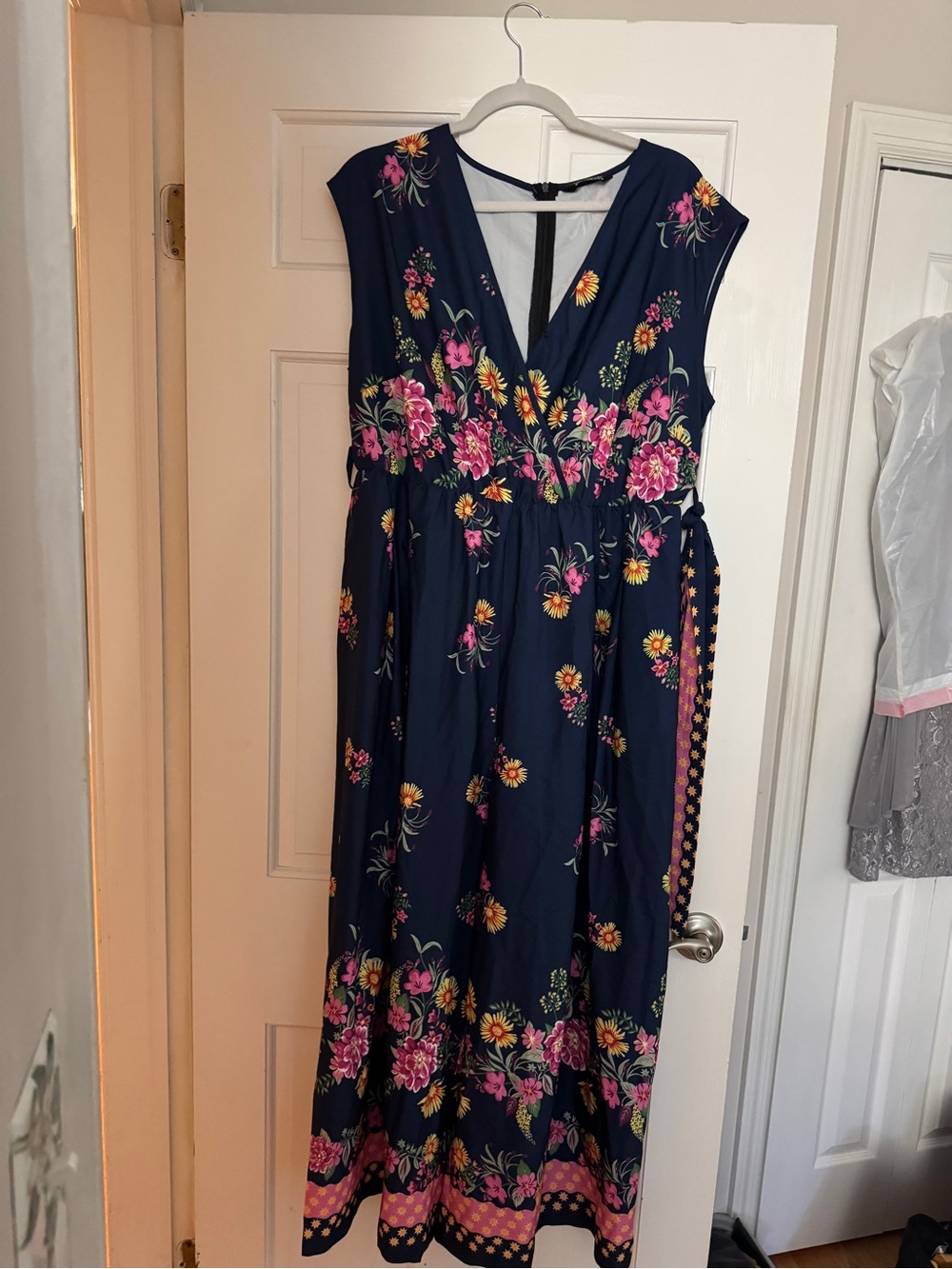 BloomChic Navy Floral Wrap Jumpsuit with Pink & Yellow Accents